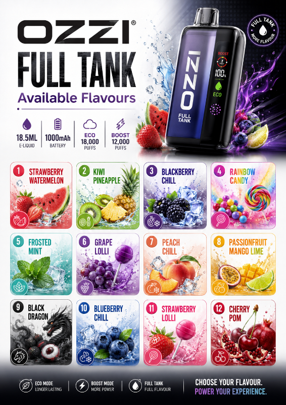 ozzi full tank vape flavours sheet showing all flavours thumbnail 2