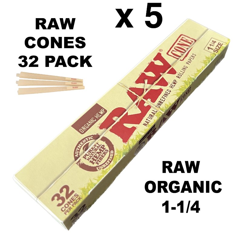 Raw Organic 1 1/4 Size 32 Cones x 5 Packs