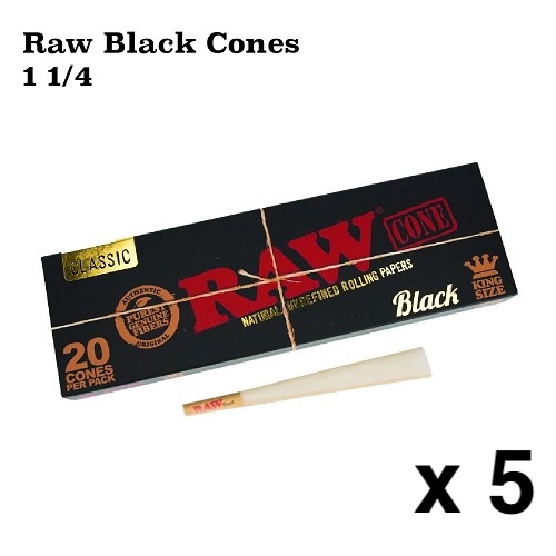 Raw Black 1 1/4 Size 20 Cones x 5 Packs